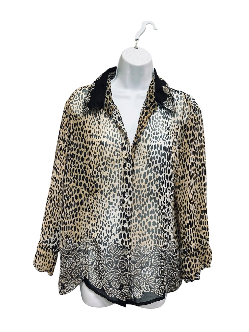 Nicola Animal Print Semi Sheer Button Front Blouse Size XL Leopard Chiffon